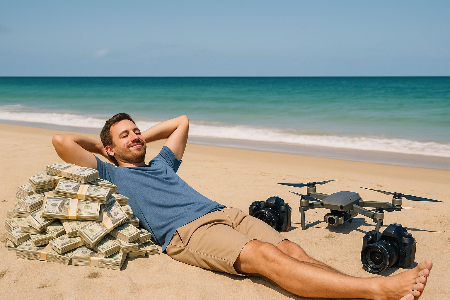 Real estate professional relaxing on beach with earnings from AI video technology