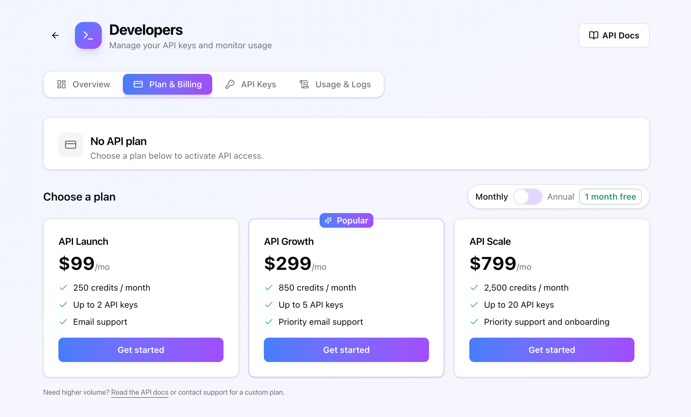 PhotoAIVideo developer dashboard showing Plan and Billing with API Launch, API Growth, and API Scale plans