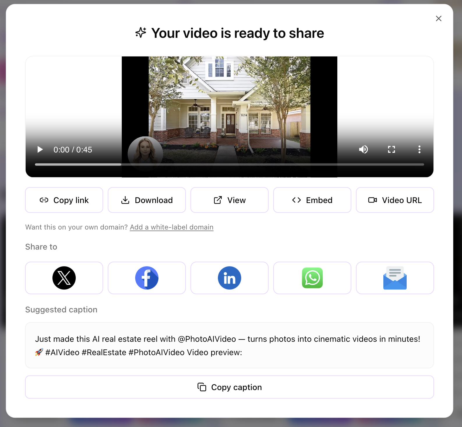PhotoAiVideo share dialog showing copy link, download, view, embed and video URL options, with a link to add a white-label domain so videos are served on your own domain